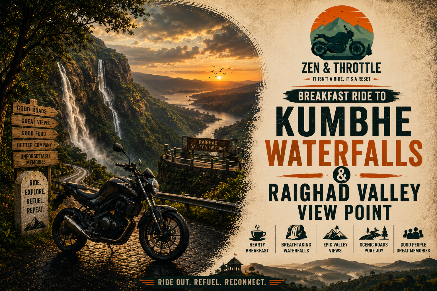 Breakfast Ride To Kumbhe Waterfalls & Raighad Valley View Point